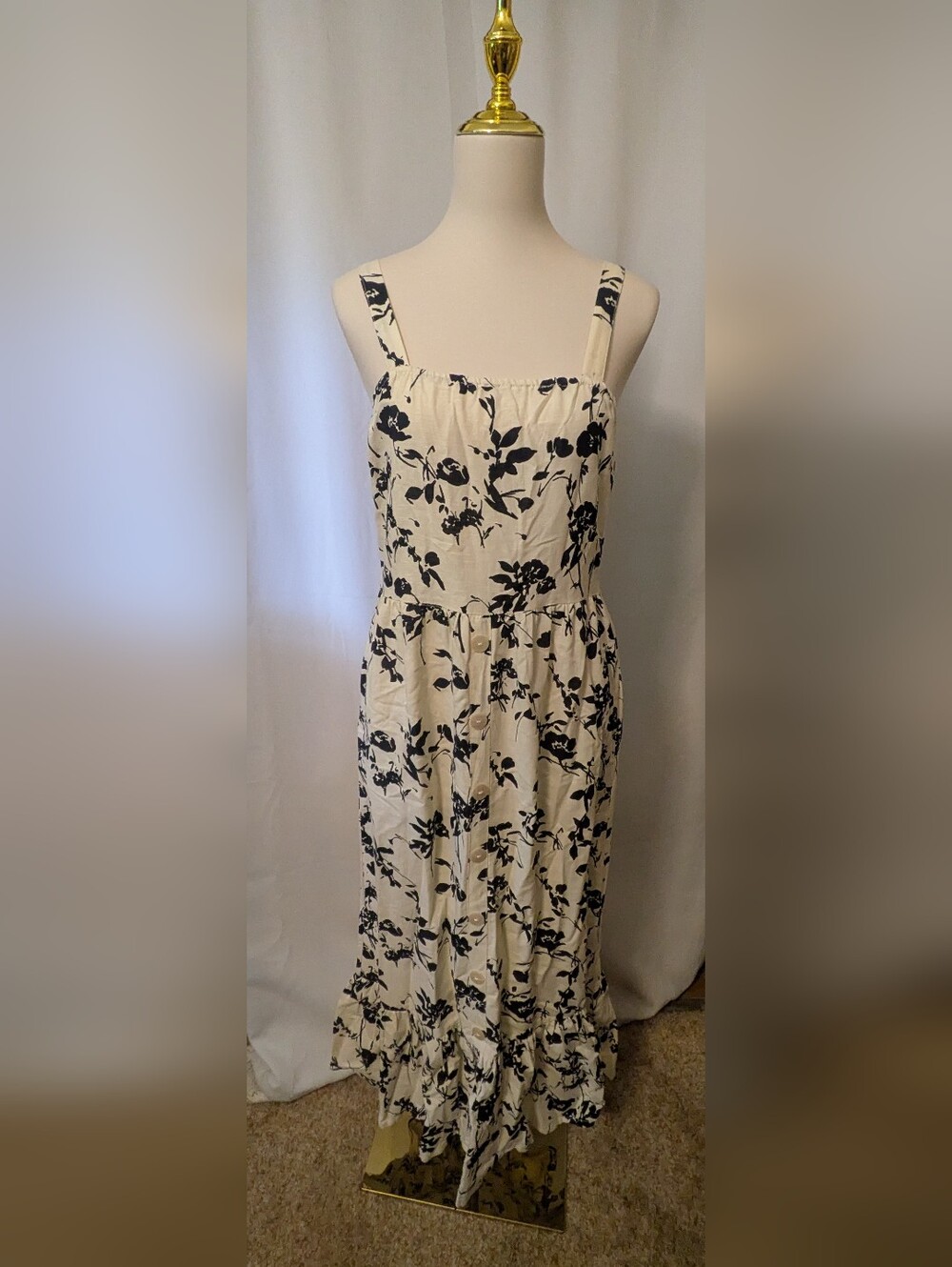 Cream and Black Floral Midi Dress with Ruffle Hem Cotton NWT
